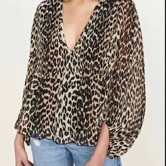 GANNI Leopard Pleated Puffy Sleeve Top - Picture 7 of 9